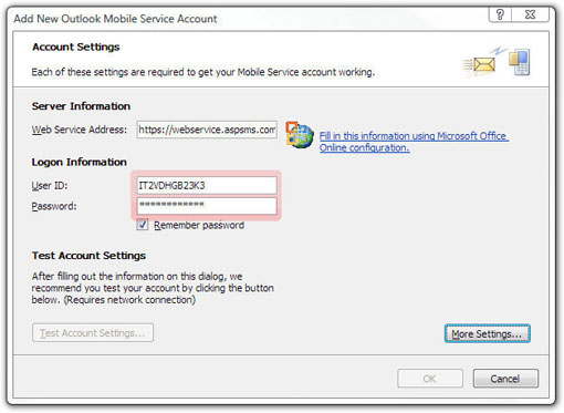 Add New Outlook Mobile Service Account.
