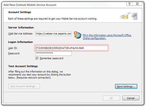 Add New Outlook Mobile Service Account.
